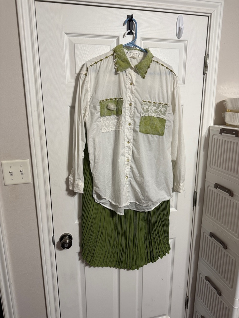 Pleated Olive Green Skirt Set with Lace-Trim Shirt
